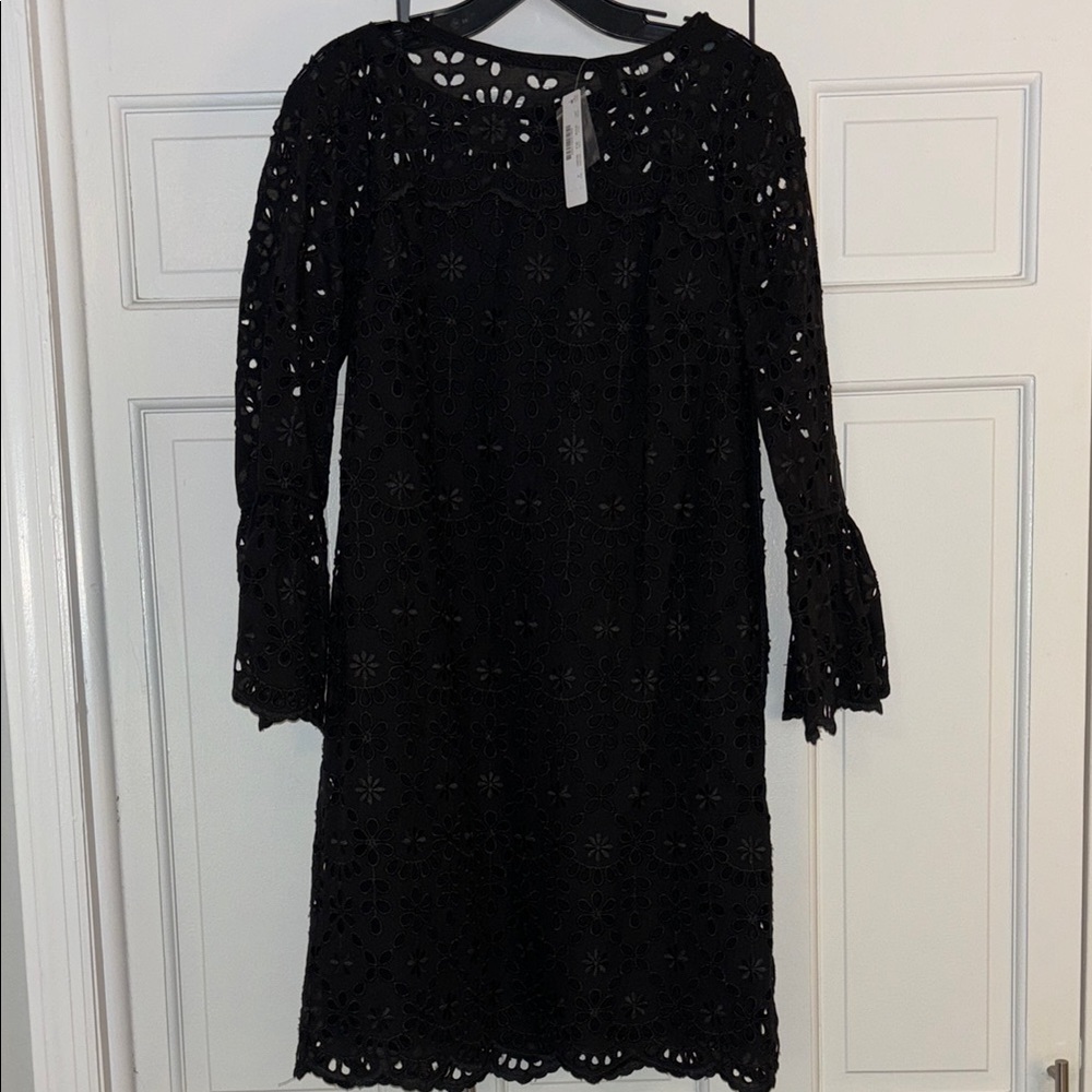 J. Crew Black Lace Sheath Dress with Ruffled Bell Sleeves. 6